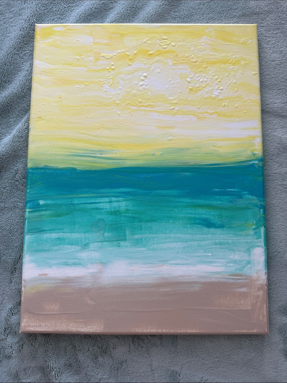 Sunlit Coastal Abstract Canvas Painting in Yellow, Teal, and Tan